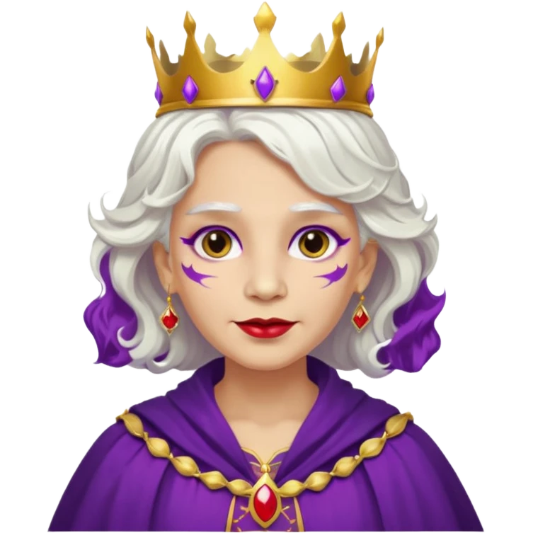 Queen with wavy white hair – golden crown, purple robe, red face paint mark emoji