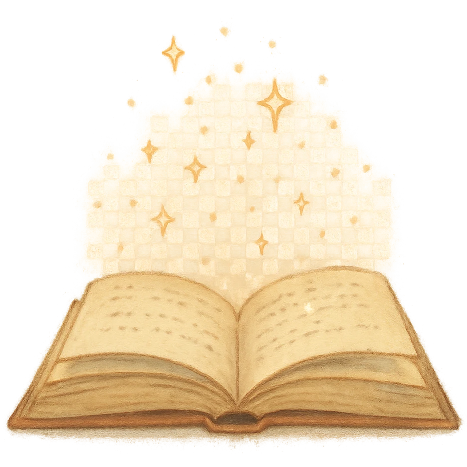 open book with floating sparkles, soft painterly look, magical and imaginative emoji
