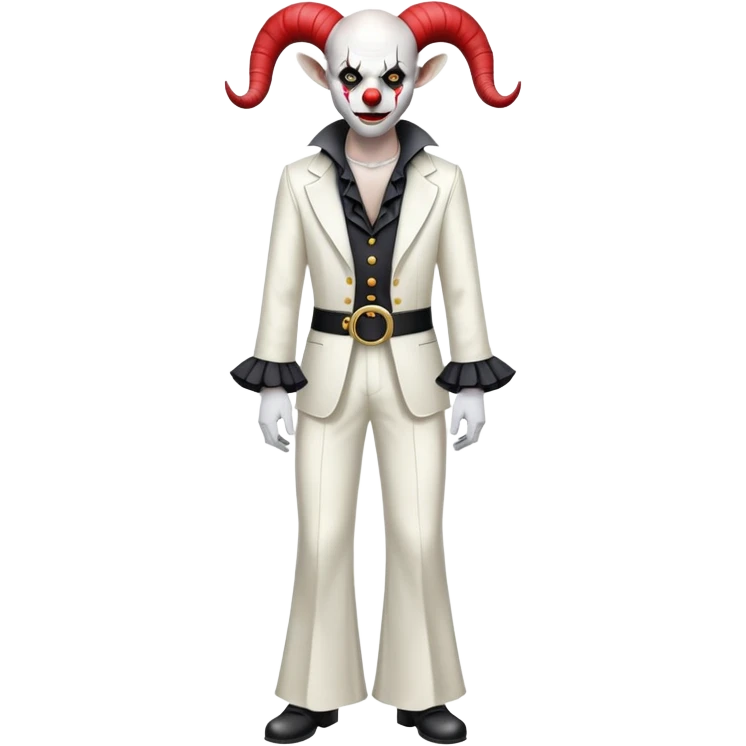full-body demonic clown in a white leisure suit with bellbottom pants, bald, with black ram horns, flashy belt, ruffled shirt, no neck tie emoji