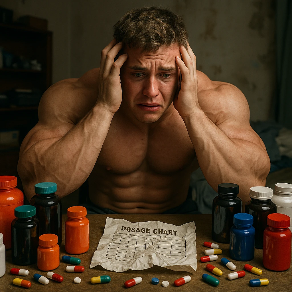 realistic young bodybuilder with swollen but disproportionate muscles, surrounded by colorful bottles and pills, desperate expression, crumpled dosage chart, failure atmosphere, messy room background, 4K quality emoji