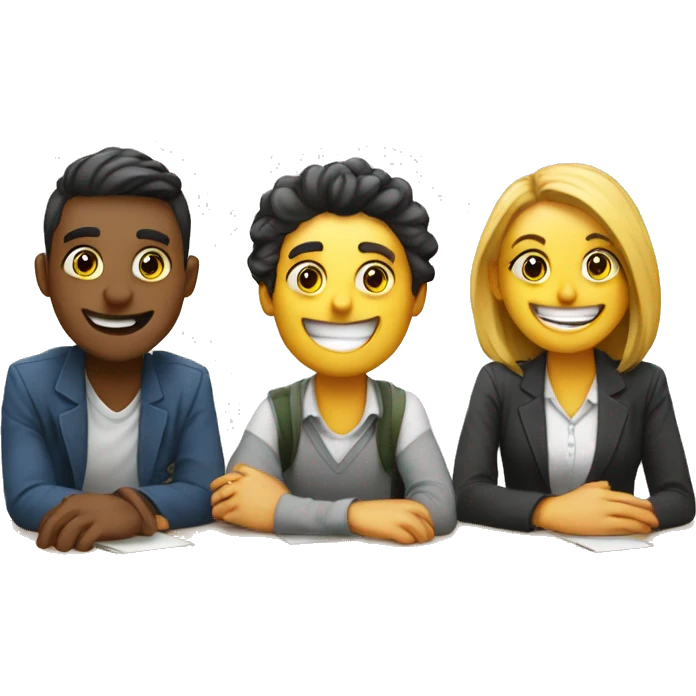 3 European students sitting at desks. They are laughing at lesson emoji