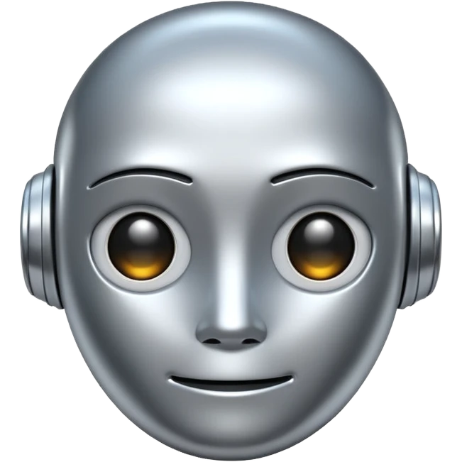 A cute futuristic robot emoji made of silver chrome, rounded friendly body, minimal facial features, glossy metallic surface, soft reflections, iOS emoji style, centered, clean white background emoji