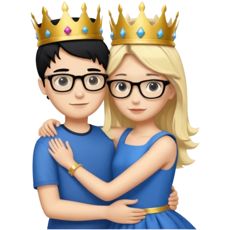 Boy in purple with black glasses and back hair hugging a blonde girl with a blue dress and gold crown emoji