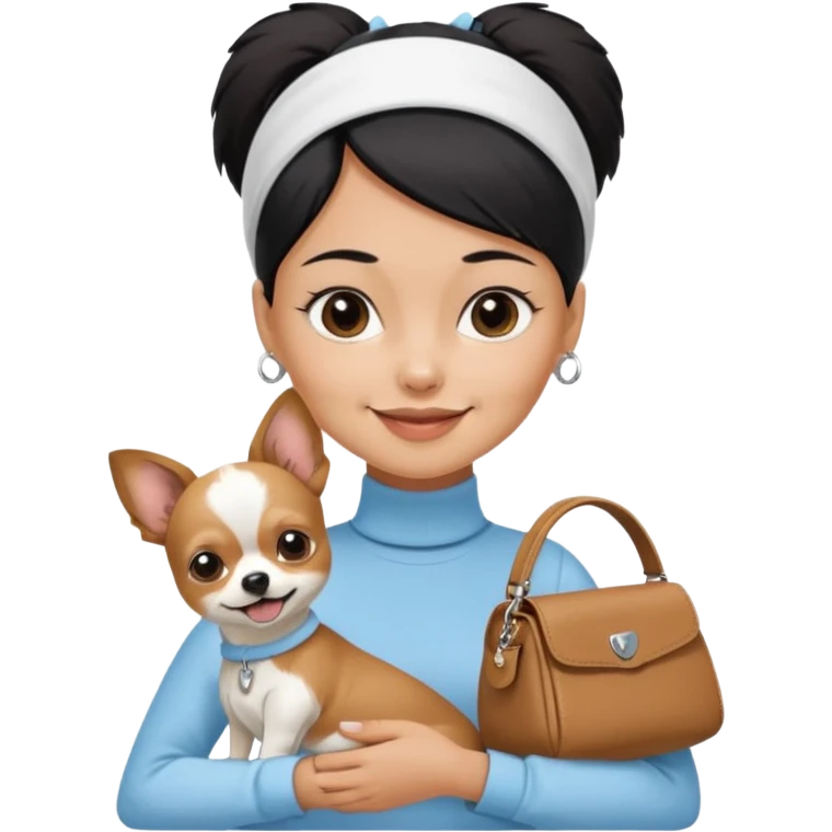 tan skin woman, with very short black hair in a slicked back ponytail with forehead showing, with white headband, wearing solid pastel blue turtleneck shirt, smiling carrying brown-white furry chihuahua papillon dog inside dog purse emoji