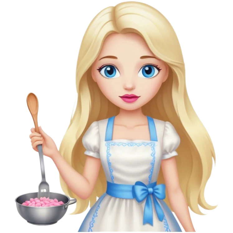 Cinematic realistic beautiful blonde with long hair, blue eyes and pink lips in a white dress cooks emoji