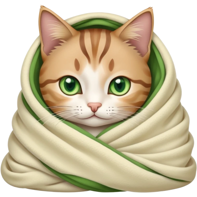 Cute tabby cat with green eyes wrapped in a blanket emoji