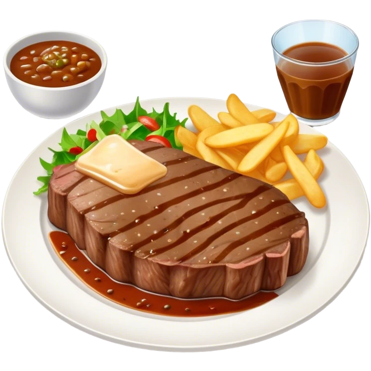 big juicy australian steak meal featuring chips, small salad in a ramikan and gravy in a small bowl on the plate emoji
