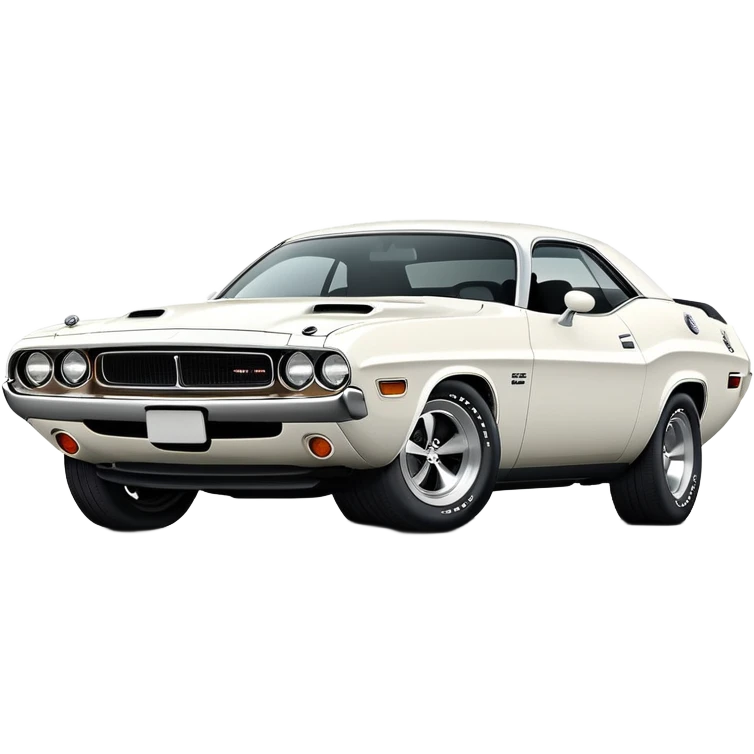 Pristine white 1971 Dodge Challenger with perfect structure, accurate three-quarter 30-degree view showing detailed headlights and grille, classic muscle car silhouette, completely white, iOS emoji style emoji