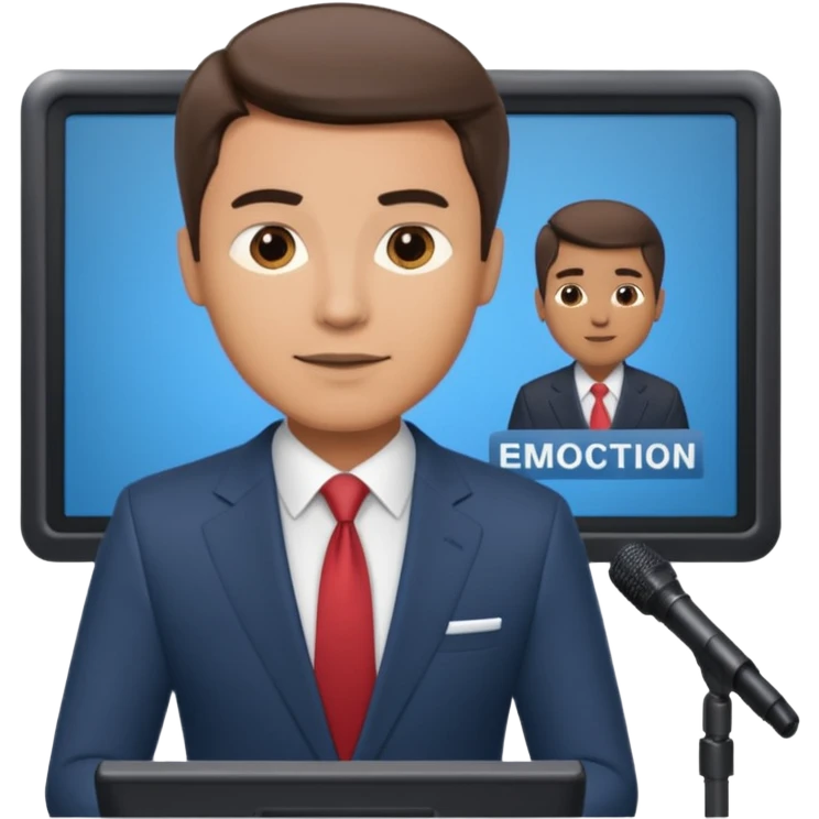a male news anchor sits, with a screen with a prompter in front of him emoji