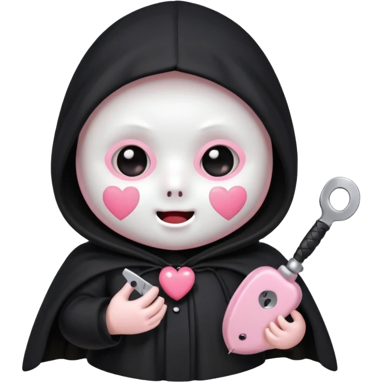 > "Cute chibi Ghostface with big shiny eyes, blush on mask, small rounded body, black cloak with heart buttons, holding a toy knife or pink phone. Pastel colors, kawaii style, soft sparkly background." emoji