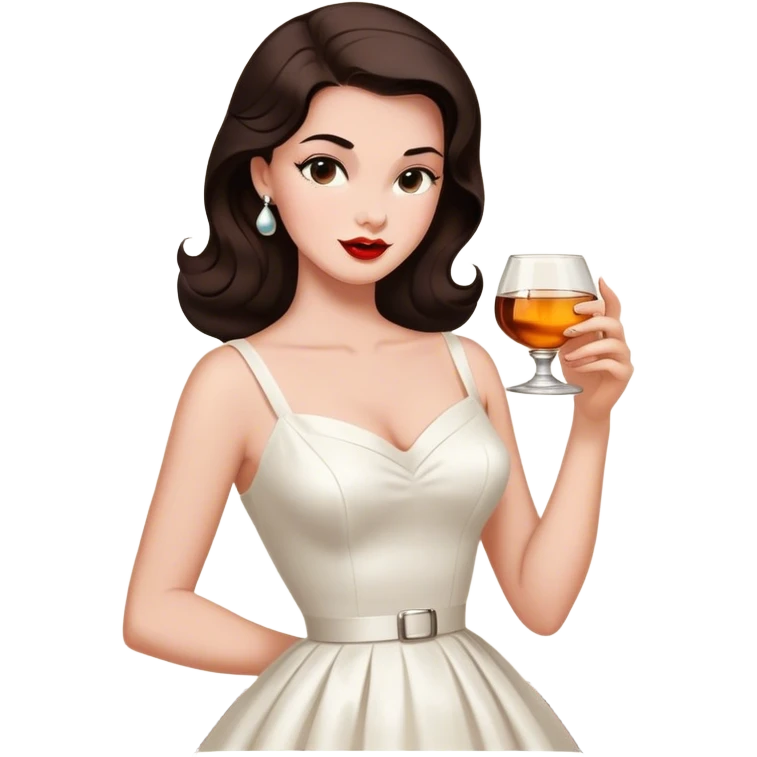 Beautiful woman in 1950’s woman fashion look, white dress, long dark brown hair, whisky with ice emoji