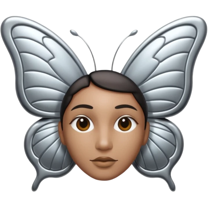 Liquid metal butterfly emoji, silver chrome material, iOS emoji style, smooth curves, reflective surface, elegant and minimal, white background emoji