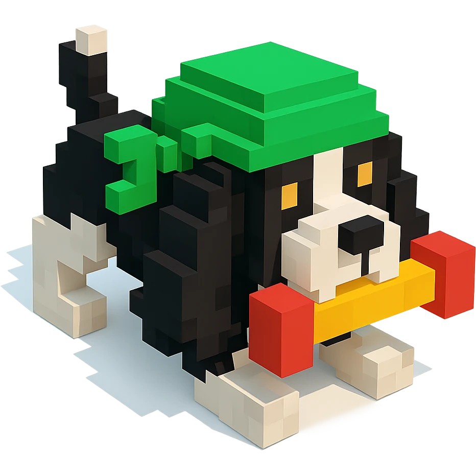A black and white Russian Cocker Spaniel puppy wearing a green durag, voxel style, playing with a toy emoji