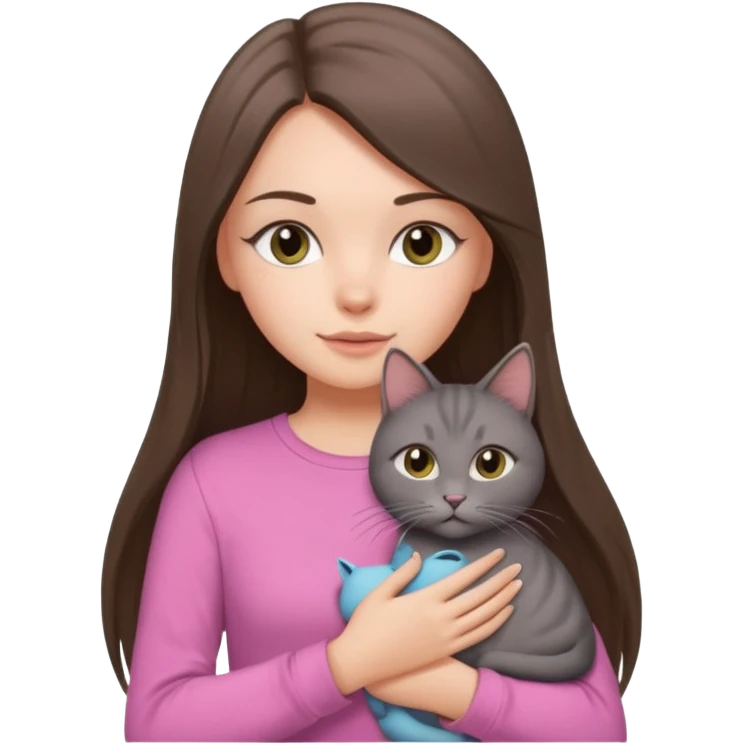 a white girl with brunette long straight hair holding a grey cat. the girl has long lashes and has on a pink shirt. emoji
