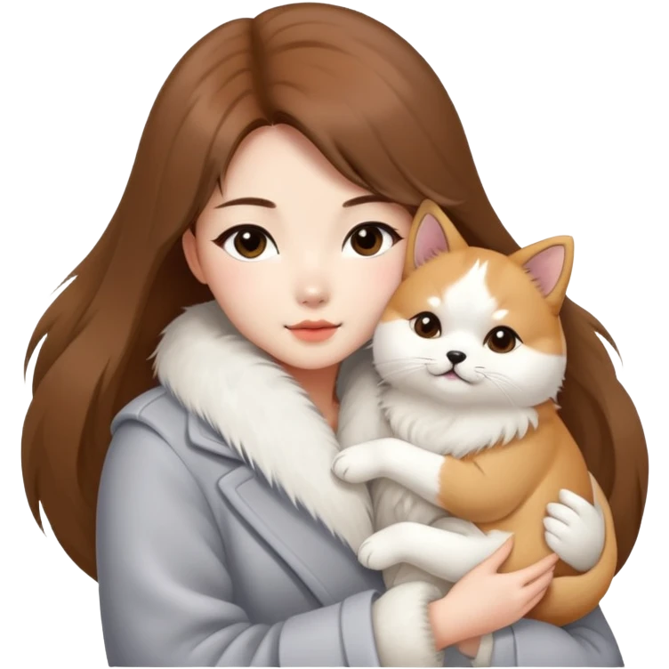 A Chinese fashion girl with brown hair, wearing a light gray fur coat, hugging a Shiba Inu and a long-haired white Persian cat. emoji