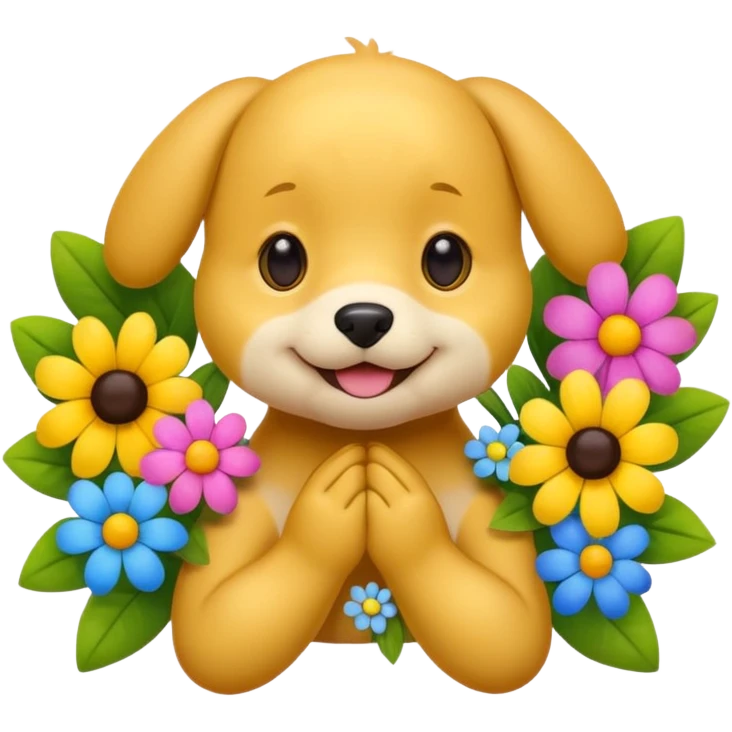Cute smile face emoji with puppy dog eyes holding its cheeks and a bunch of flowers around it emoji