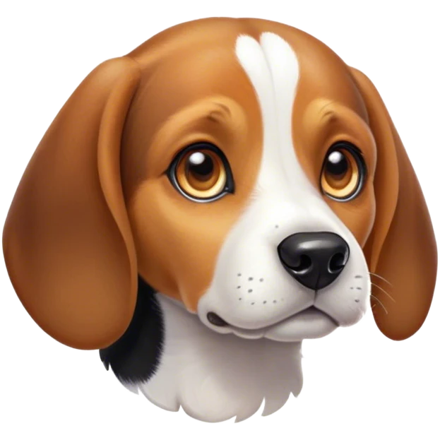 Cinematic Cute Beagle Portrait Emoji, Head tilted playfully and inquisitively, featuring a soft tri-color coat of white, brown, and black with floppy ears, round, sparkling hazel eyes filled with curiosity, Simplified yet irresistibly adorable features, highly detailed, glowing with a warm, friendly glow, high shine, affectionate and lively, stylized with a touch of whimsy, bright and endearing, soft glowing outline, capturing the essence of a mischievous yet loving pup, so playful it feels like it could bound out of the screen and into your arms! emoji
