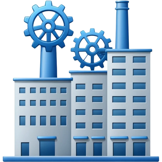 "A minimalist vector icon of a modern manufacturing factory building with a gear symbol above it. Blue and grey color scheme, flat design, white background, simple thick lines, professional business logo style." emoji