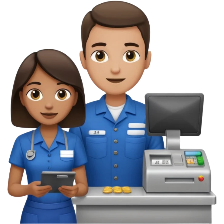 Supermarket employee at a cash register, full body, serving a man emoji