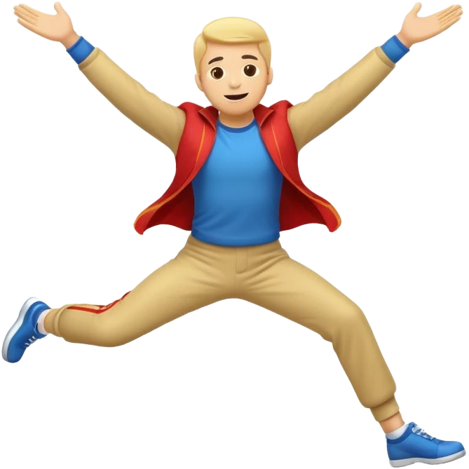 A cartoon-style emoji of a man flying backwards, leaning backward as if levitating from music, arms spread, energetic and joyful, simple bold lines, bright colors, minimal background, perfect for social media emoji, high contrast, small icon size emoji