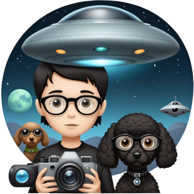 A little boy with straight black medium-length hair, white skin, and black eyes wearing black-framed glasses is taking photos on a UFO with a camera. Beside him, there is an alien and a brown round-headed poodle. emoji