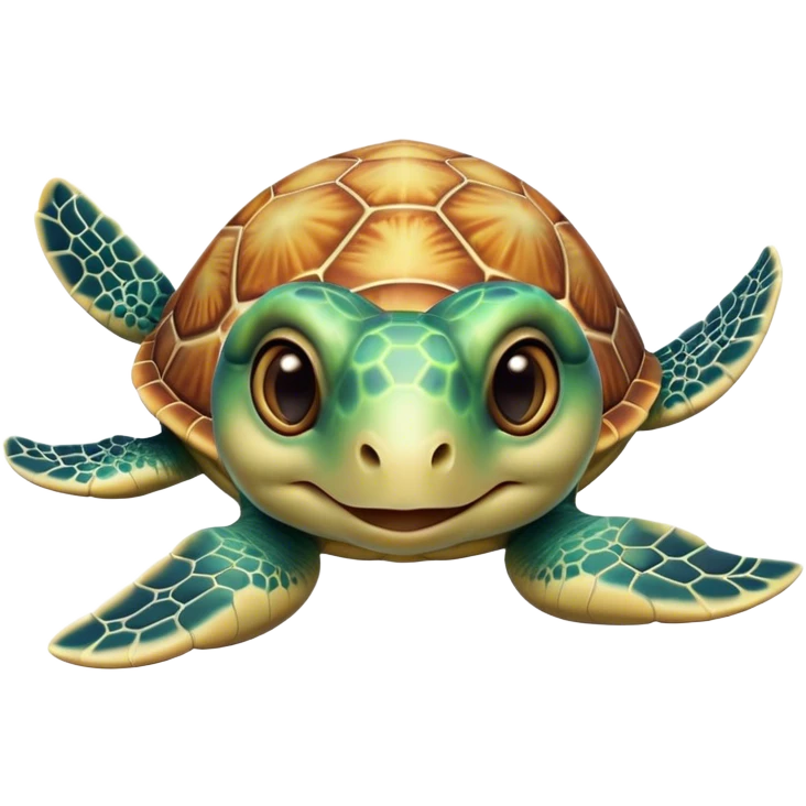 Cinematic Cute Sea Turtle Portrait Emoji, Head tilted playfully and inquisitively, featuring a charming, compact form with a beautifully patterned, domed shell and gentle, sparkling eyes full of oceanic wonder, Simplified yet irresistibly adorable features, highly detailed, glowing with a warm, friendly sea glow, high shine, affectionate and lively, stylized with a touch of whimsical marine charm, soft glowing outline, capturing the essence of a mischievous yet loving sea turtle that seems as if it could swim out of the screen into your arms! emoji