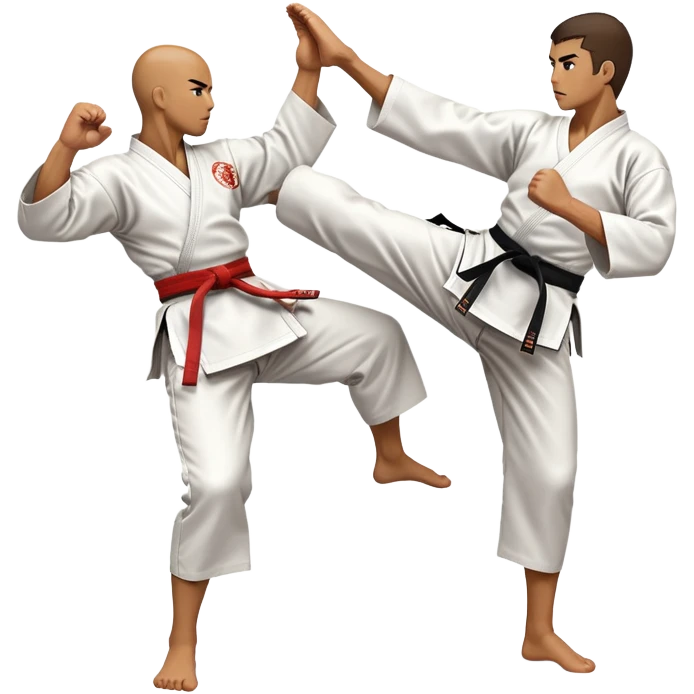 An icon symbolizing traditional Karate, featuring two opponents in a fierce battle. One fighter is delivering a high kick, while the other blocks the attack with a strong defense. The background reflects the calm yet intense atmosphere of a dojo, with traditional elements. Transparent background  emoji