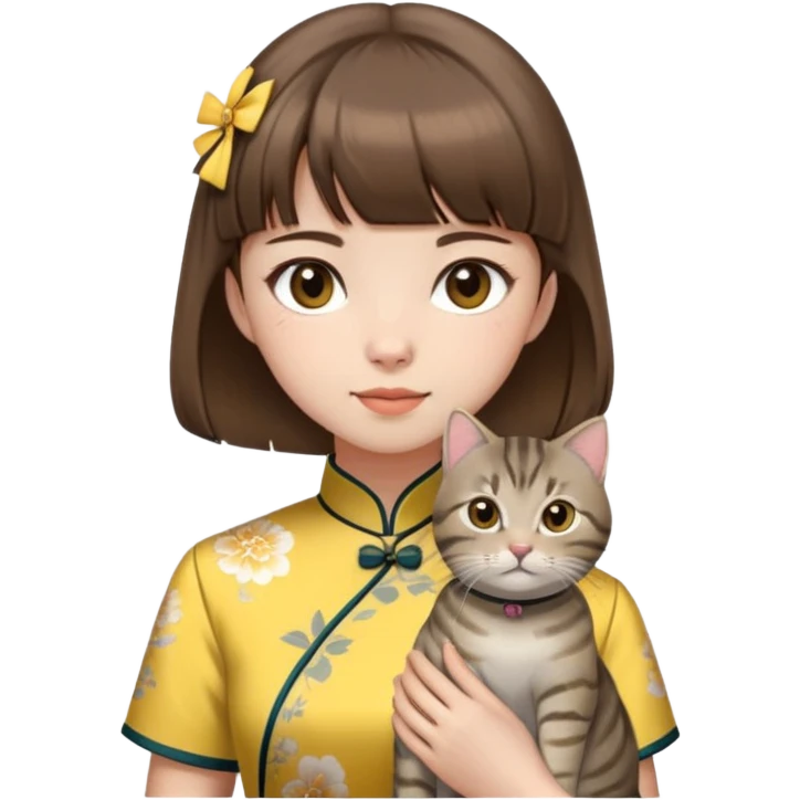 girl with brown hair and bangs wearing yellow qipao with gray tabby cat emoji