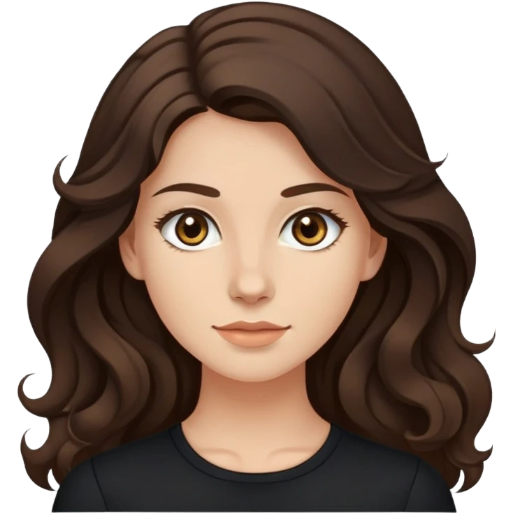 27 year old Caucasian woman with fair skin, brown eyes, long wavy dark brown hair, wearing a black top with a button emoji