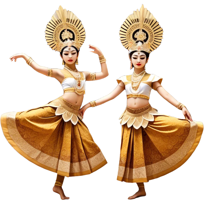 ​Cinematic Realistic Traditional Javanese Dancers, depicted as two graceful dancers in ornate traditional costumes with intricate batik patterns and elaborate headpieces, captured in dynamic poses during a ritual dance in an ancient temple courtyard, rendered with soft golden lighting and rich cultural textures, emoji