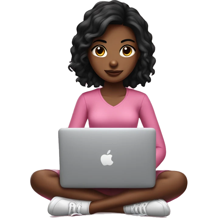 Pretty Brown skin girl with black hair sitting at pink MacBook  emoji