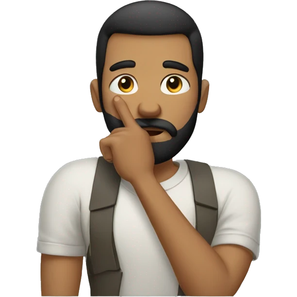 A guy with his finger in his mouth making the silence sign, black short hair, beard emoji