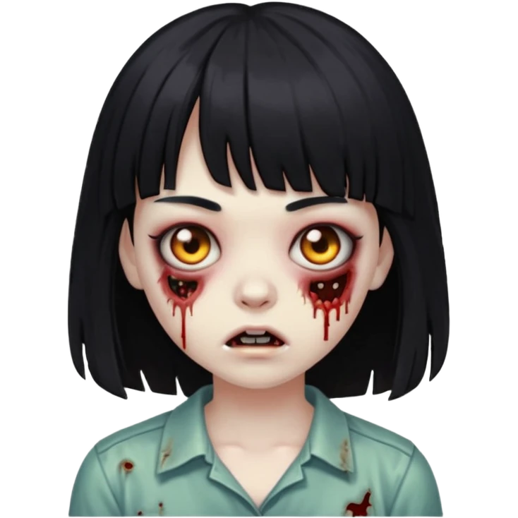 Faça uma zombie menina com franja e cabelo meio comprimido preto emoji
