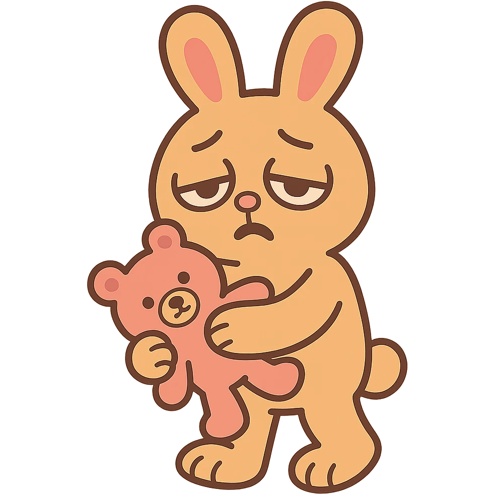 caramel bunny holding teddy bear, eyes drooping, pastel-toon style emoji
