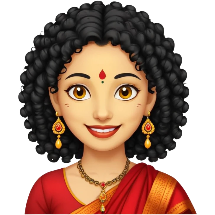 "- Phụ nữ
- 35 tuổi
- Da vàng
- Tóc đen xoăn nhẹ
- Có chấm đỏ Bindi, đeo khuyên tai
- Mặt cười
" emoji