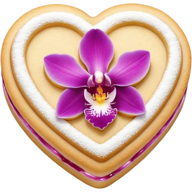 Realistic shortbread cookie in the shape of a heart with orchid color jelly middle filling and sprinkled powder sugar on top. emoji