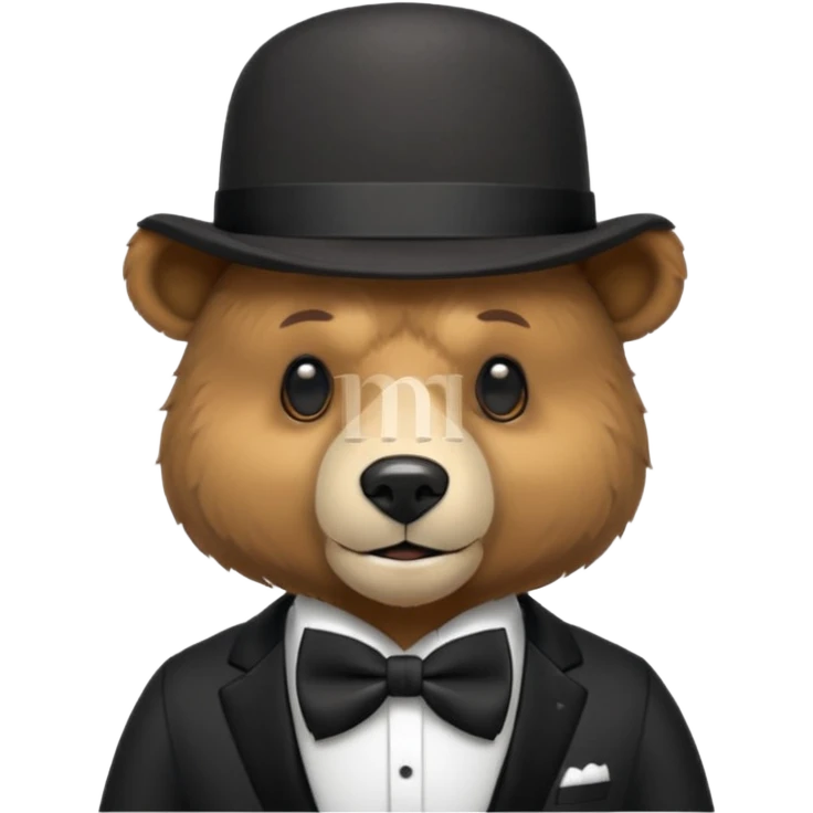 Un animatronico que es un oso con gorro elegante y moño negro emoji
