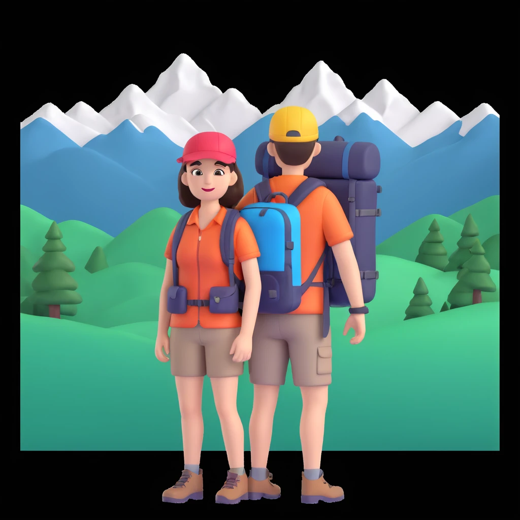 back packer couple posing, mountains in background,   close up pose emoji