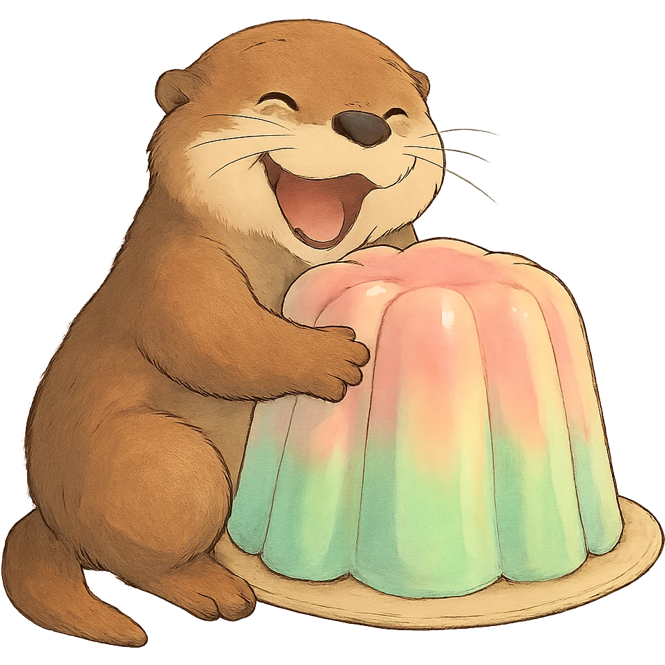 laughing otter hugging pastel jelly cake, soft Ghibli style emoji