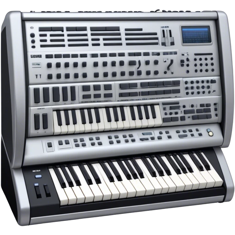 Create a professional and artistic emoji that represents writing music tracks. The design should feature a large monitor displaying musical notes or a score, positioned in front of a professional Korg synthesizer. Add elements like studio headphones, a MIDI keyboard, and an audio interface to symbolize the tools used in music production. Use sleek, modern colors like silver, black, and neon accents to convey the professional environment of music composition. The background should be transparent. emoji