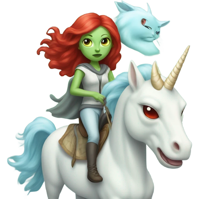 [politically incorrect
	{ woman: alien, color: light green, hair:red, eyes:cat} ]
	on a 
	[{ unicorn: white, legged:four, mane: light blue }] emoji