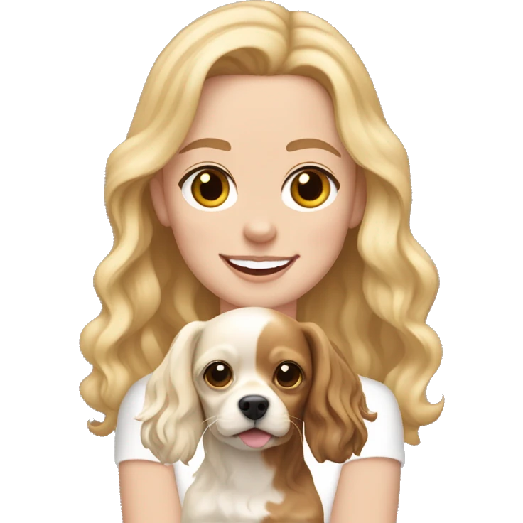 White girl with wavy blonde hair holding a Tan and white chihuahua cocker spaniel mix happy with shorter ears emoji