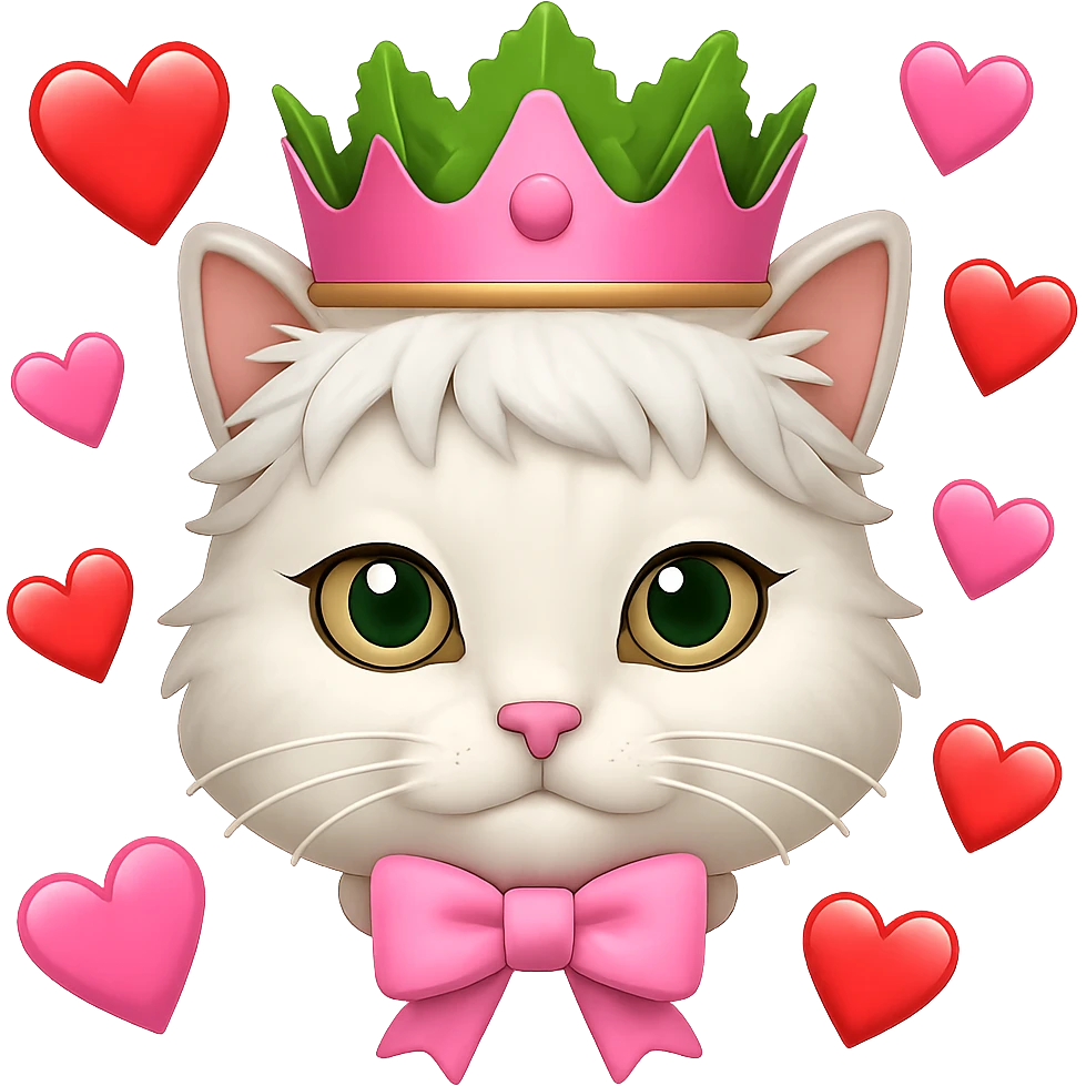 Add hearts around a white cat with a pink bow and a green lettuce crown in emoji style, no background. emoji
