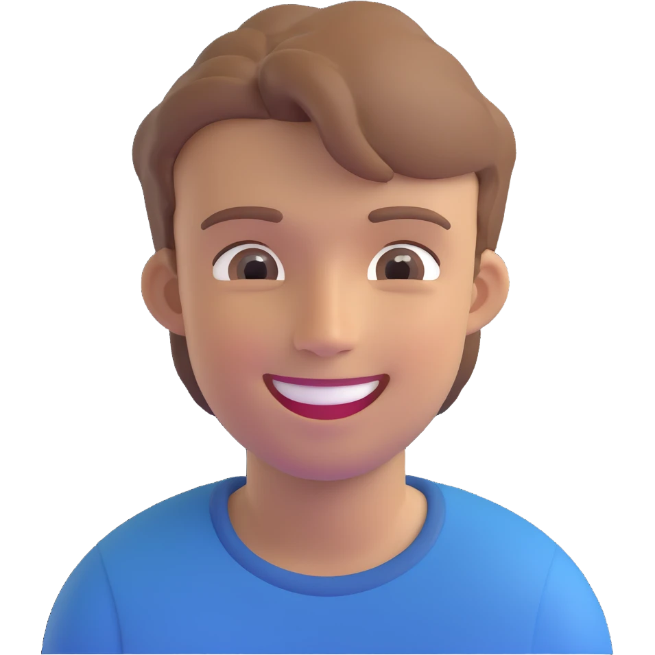 smiling young man with light brown hair, subtle 3D effect, neutral background, high resolution, no text emoji