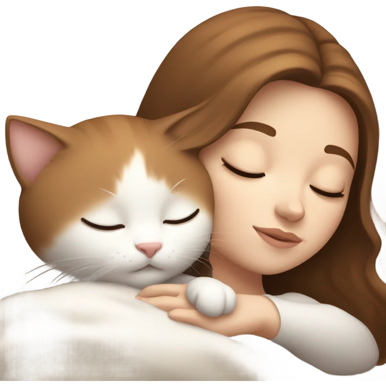 White girl brown hair sleeping with white kitty emoji