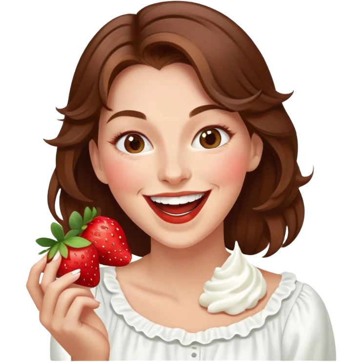woman with long brown hair eating strawberries and whipped cream, laughing elegant cute emoji