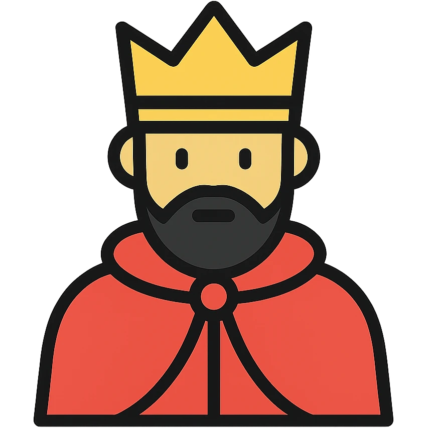 Minimalist red king with simple crown and royal cape, RPG style. Clean outline art with minimal details. Fantasy monarch character. emoji