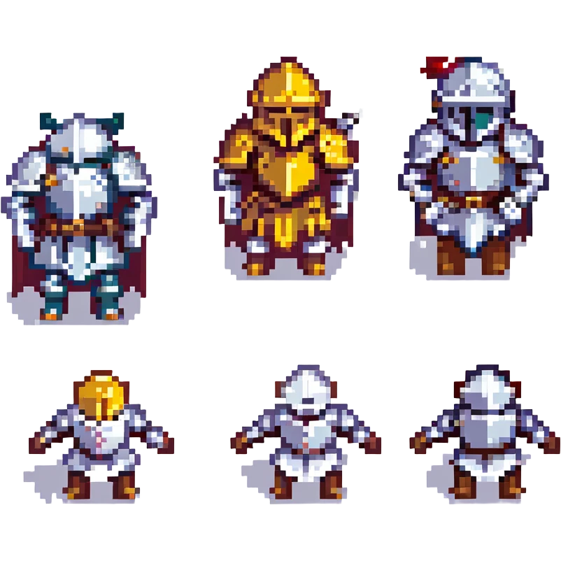 A pixel art knight in armor with a closed helmet, expressing surprise. The knight's arms and legs are in different positions. The image is portrait-sized and has a clear outline. emoji