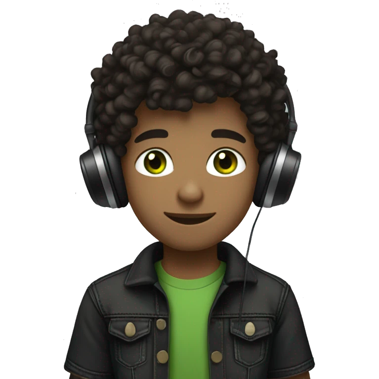 italian boy with olive tone skin with dark brown curly hair and green eyes wearing jeans and a black t shirt with headphones around the neck and black air forces emoji