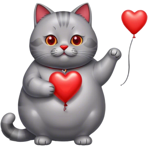 gray fat British cat and red heart metallic baloon emoji